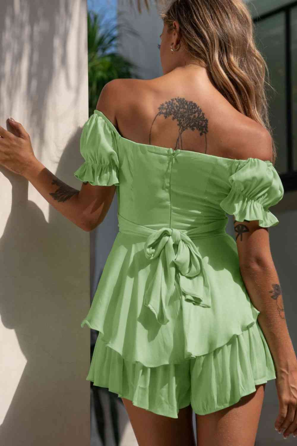 Off Shoulder Flounce Sleeve Romper